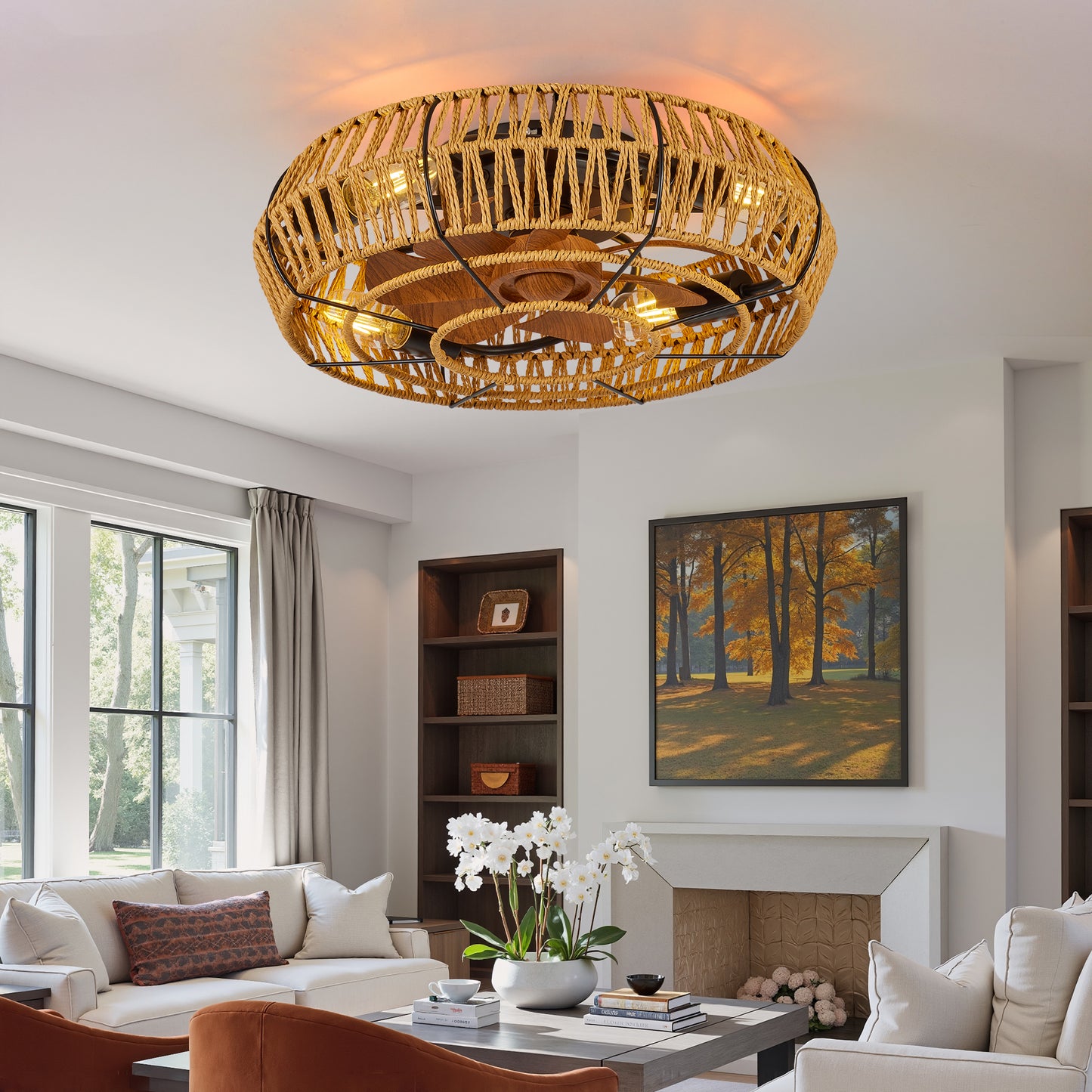 19  Caged Ceiling Fans With Lights And Remote, Boho Flush Mount Ceiling Fan With Light, Low Profile Chandelier 6 Speed Bladeless Reversible Ceiling Fan W  4 Bulbs. For Living Room Bedroom.