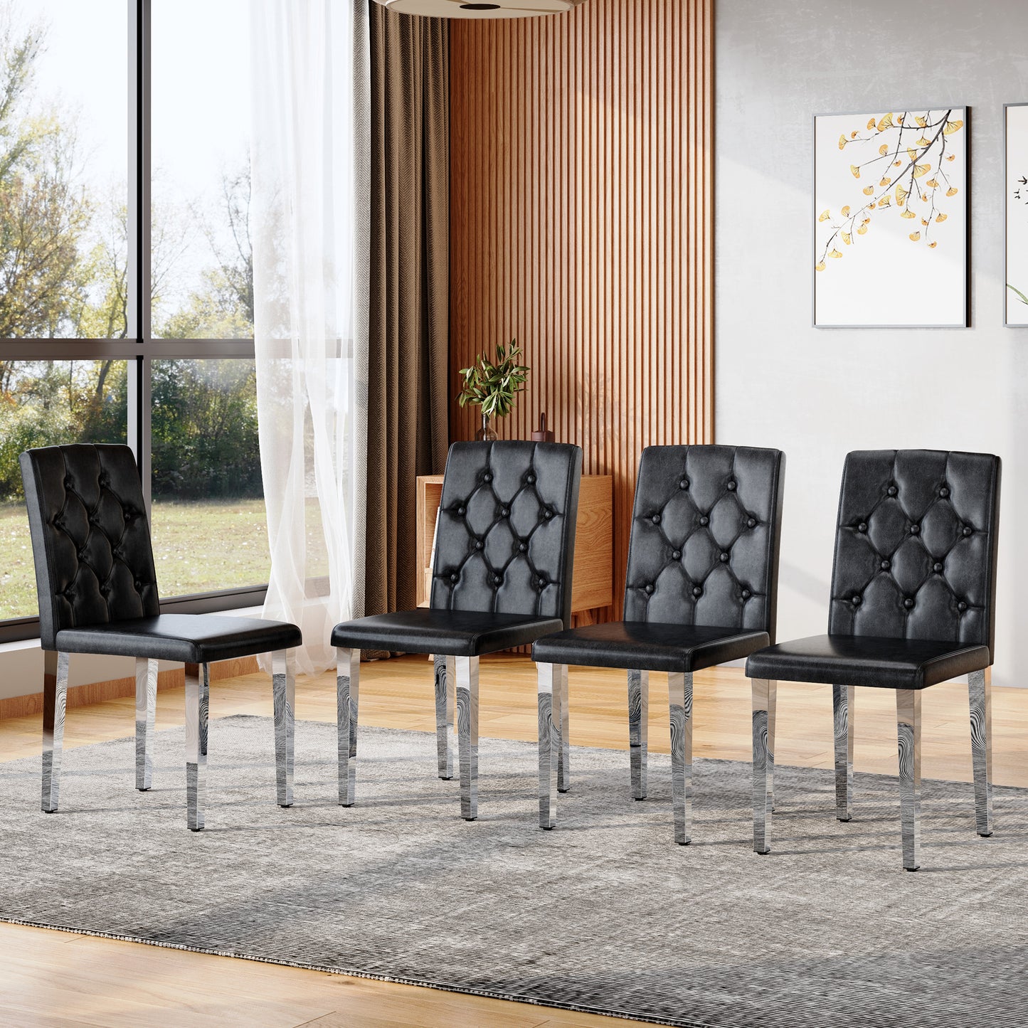 4-pack Black PU Dining Chairs,Ergonomic Buckle Backrest, 35 Inches High, Silver Metal Legs,Combines Comfort And Texture.Perfectly Suitable For Family Dining Rooms, Hotel Banquet Halls,etc.W1151P29570