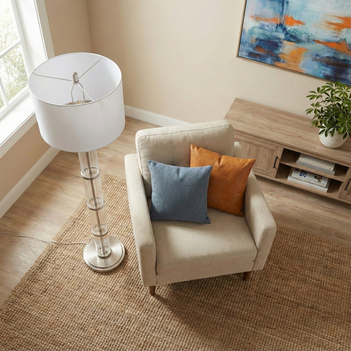 Nimbus Brushed Nickel Floor Lamp With 3-Way Rotary  Clear Glass Body  Metal Base