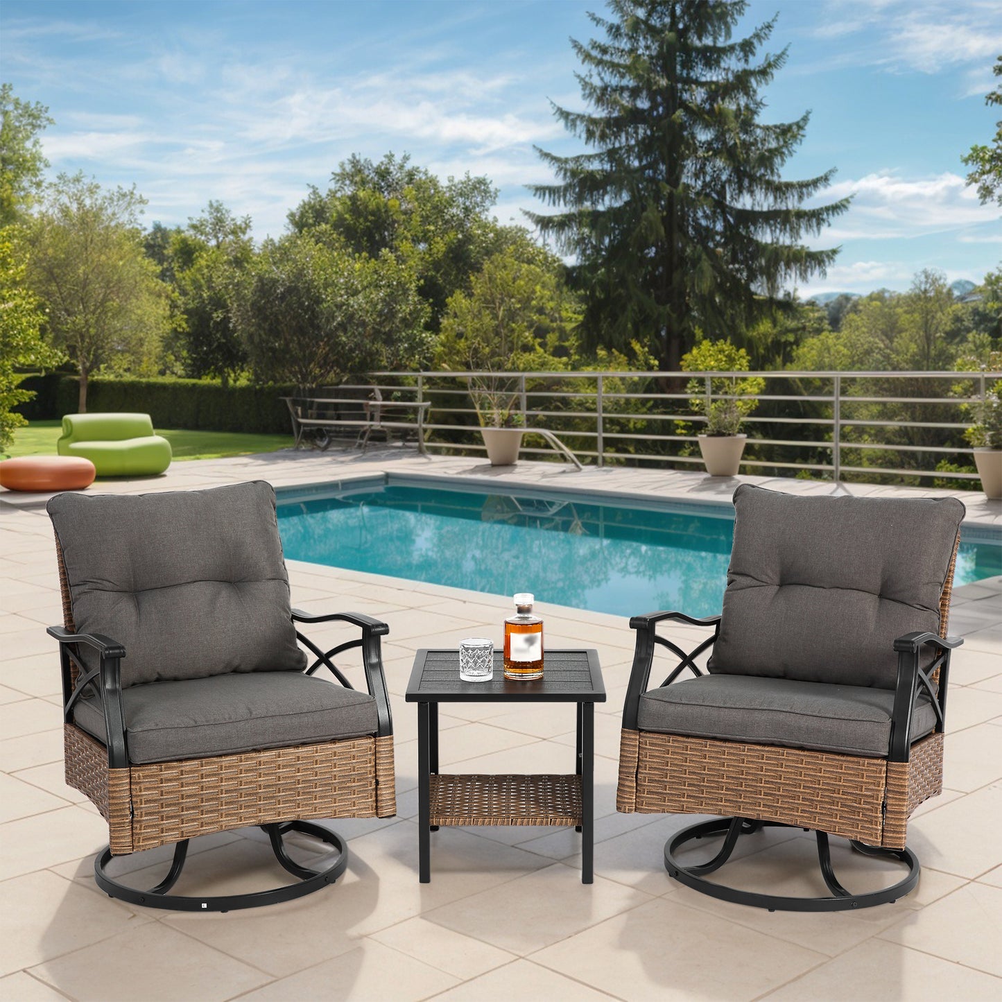 Outdoor Swivel Rocker Chairs Set 3 Piece With 1 Table And 2 Rocking & Swivel Chairs Support 350lbs Brown Wicker Outdoor Furniture Patio Conversation Set