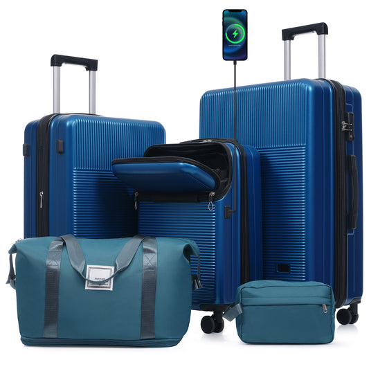 Luggage Sets 5 Piece With Half-opening, Hardside Carry On Suitcase Set With Double Spinner Wheel, Lightweight Travel Luggage With USB Port,TSA Locks