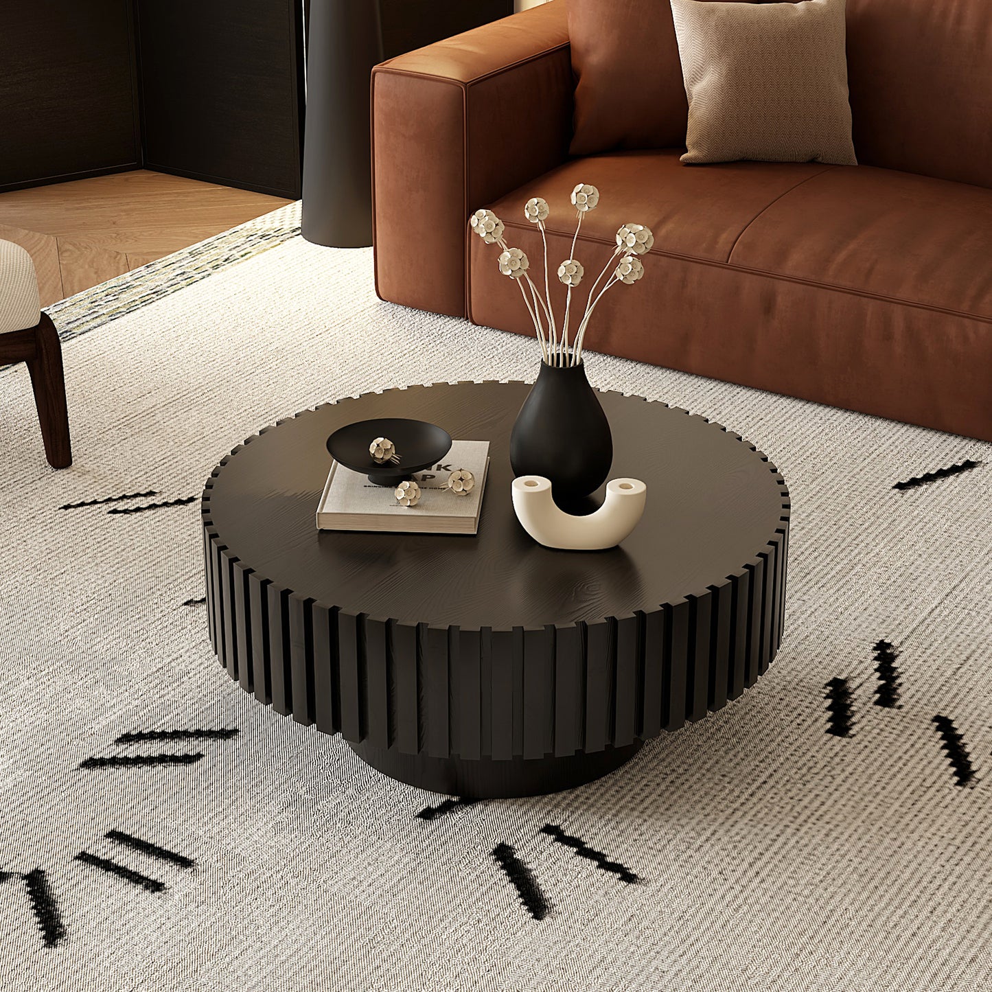 Round Coffee Table Handcrafted Relief Sturdy Pedestal Wooden Olive-Shaped Tea Table For Living Room