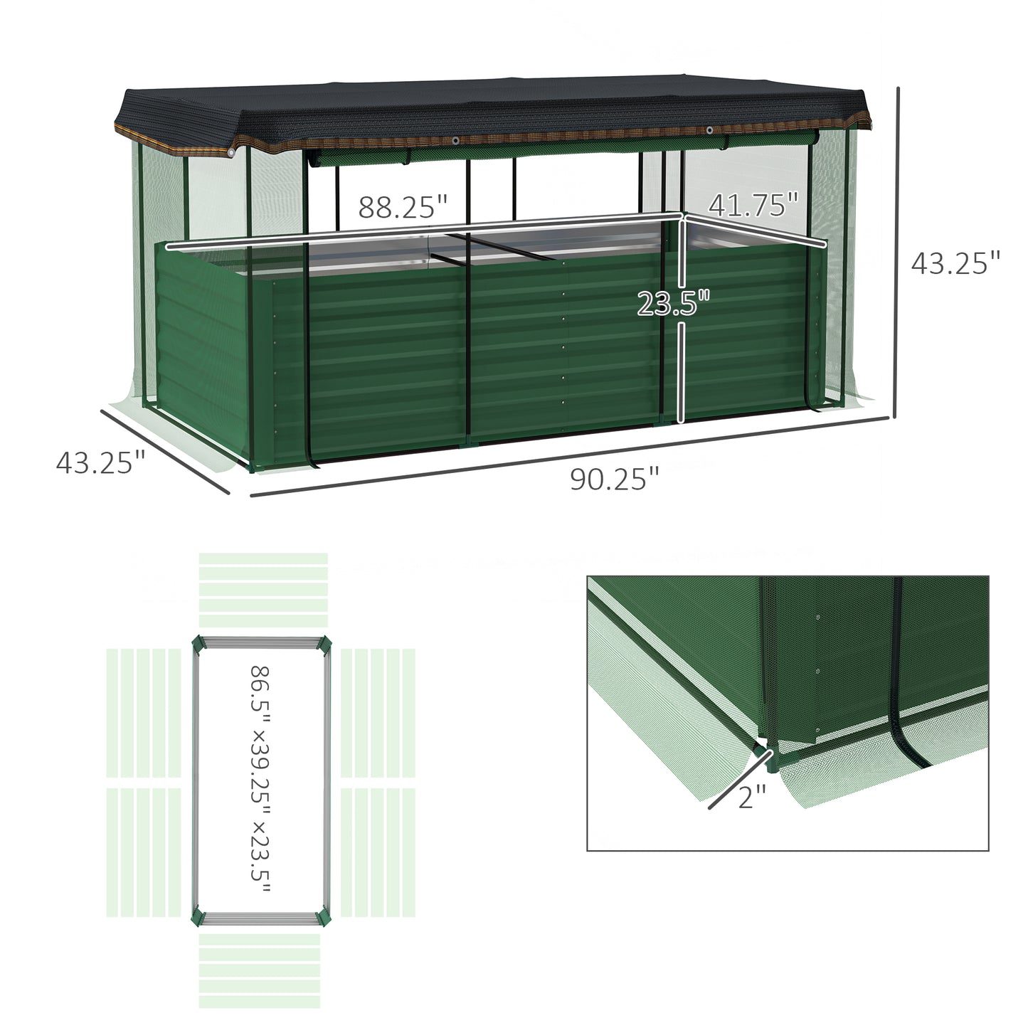 Galvanized Steel Planter Box With Crop Cage And Shade Cloth, Raised Garden Bed For Flowers, Veggies And Herbs, Green
