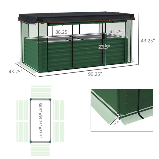 Galvanized Steel Planter Box With Crop Cage And Shade Cloth, Raised Garden Bed For Flowers, Veggies And Herbs, Green