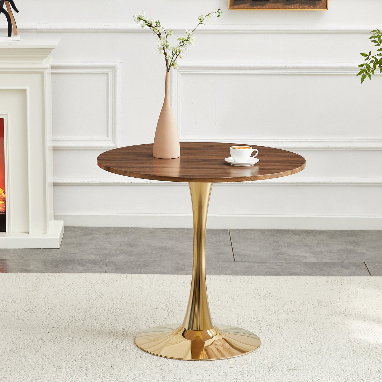 Round Dining Table, 31.5in Circle Tulip Table With Thickened Tabletop & Metal Pedestal, Mid Century Modern Bistro Table For Kitchen, Small Places, Living Room, Cafe  Faux Walnut