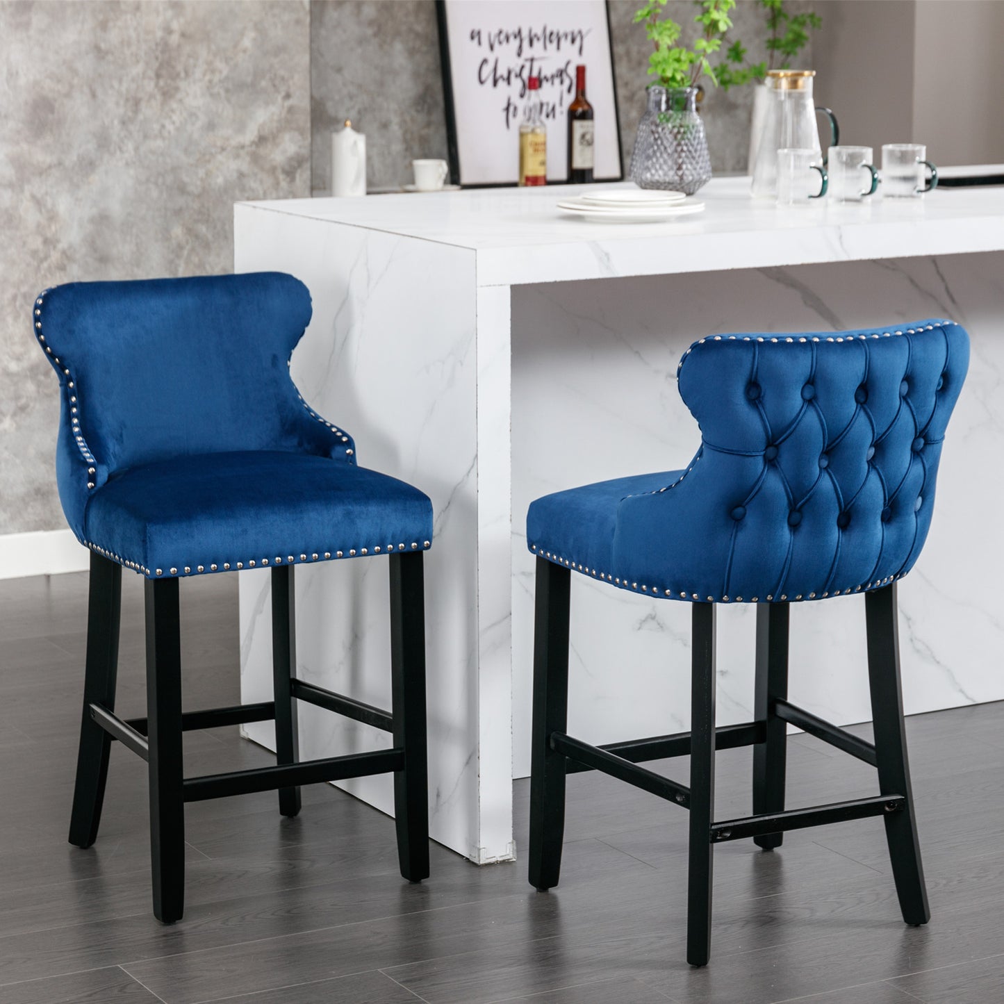 A&A Furniture,Contemporary Velvet Upholstered Wing-Back Barstools With Button Tufted Decoration And Wooden Legs, And Chrome Nailhead Trim, Leisure Style Bar Chairs,Bar Stools,Set Of 2  Blue ,SW1824BL