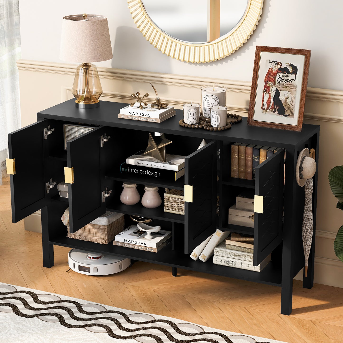U-STYLE 55.1 Storage Sideboard With 4- Doors Multi Functional Buffet With Open Shelf And 2- Tiers Adjustable Shelves Modern Cabinet With Double Hooks Suitable For Living Room  Hallway  Dining Office.