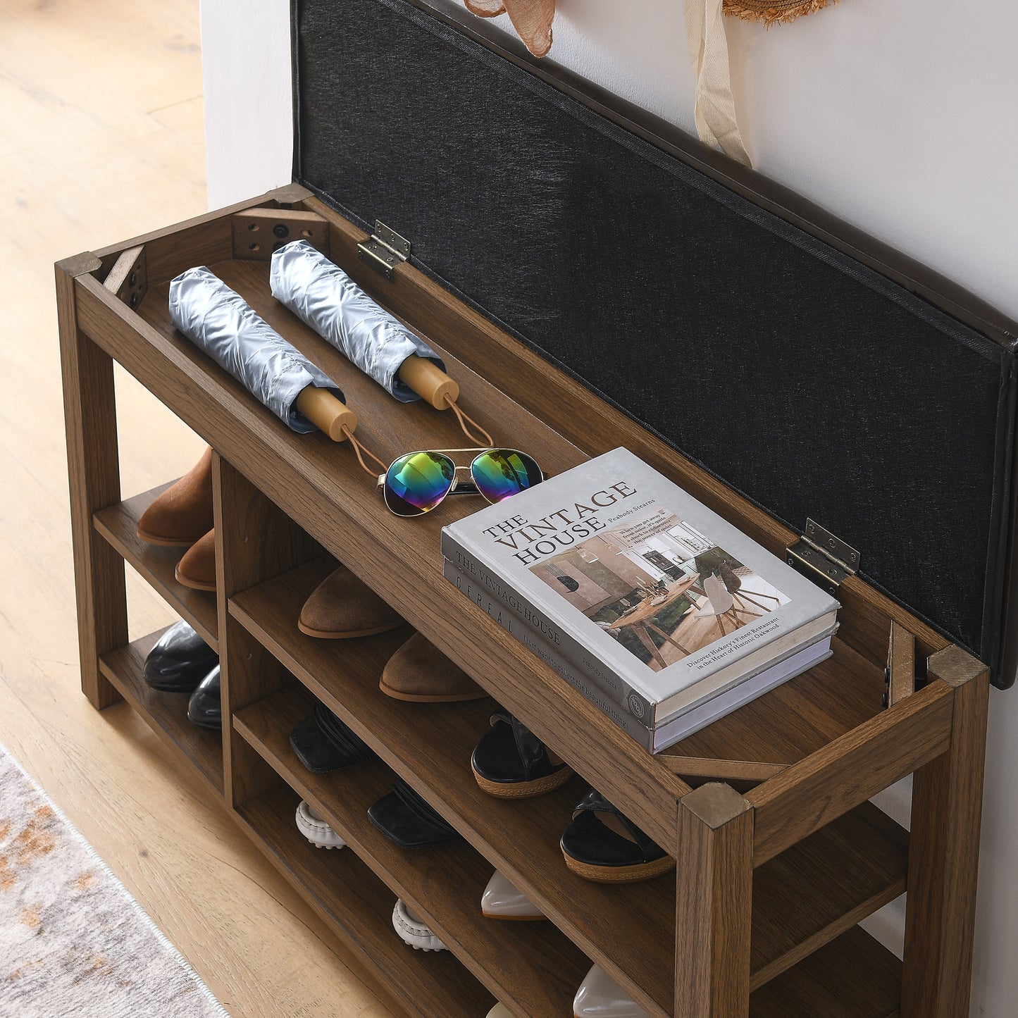 A Height-adjustable Long Shoe-changing Bench,made Of Natural Rubberwood,comes With A Comfortable Seat,concealed Storage Space And Large Storage Compartments. Features Natural Wood Grain.Brown