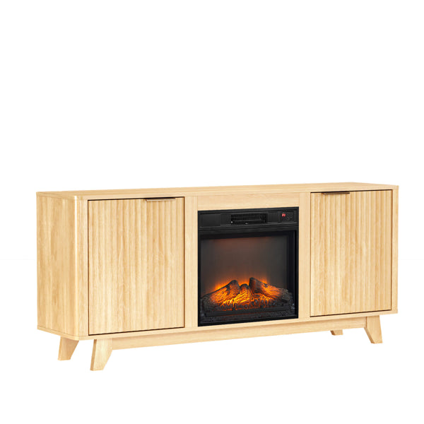 Oak Fireplace TV Stand With 18 Inch Insert, Double Grid Doors & Gold Handles, Embossed Board Media Console 58 X 13.6 X 25.4 Inch