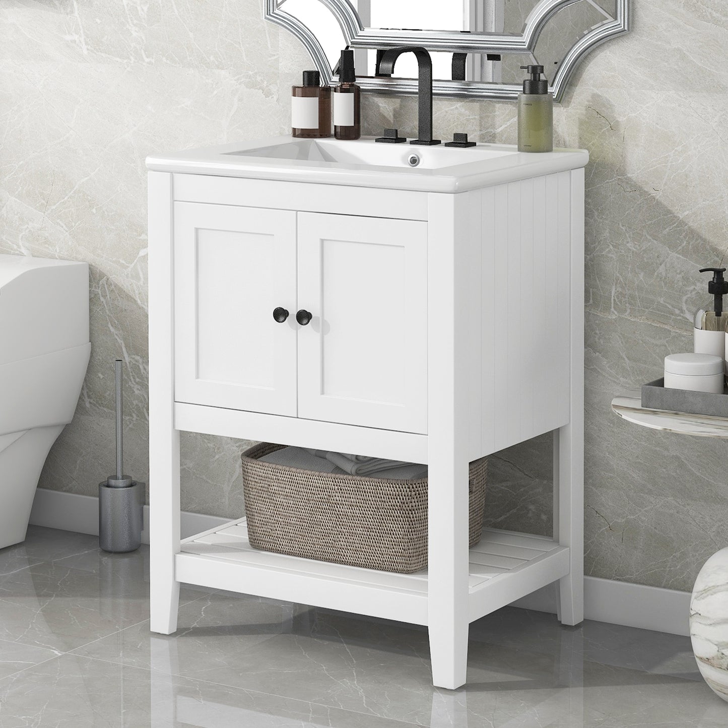 24  White Modern Sleek Bathroom Vanity Elegant Ceramic Sink With Solid Wood Frame Open Style Shelf