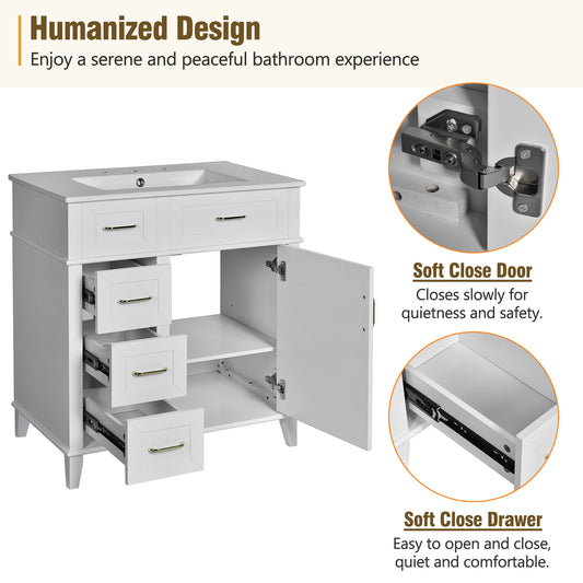 30-Inch Bathroom Vanity With Ceramic Sink, Adjustable Shelf, Soft Close Door, And Three Soft Close Drawers