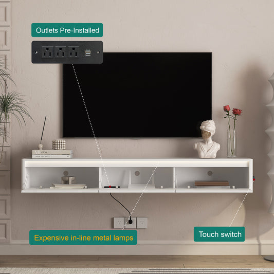 Floating TV Stand, Wall Mounted TV Shelf With Led Lights & Power Outlet,High Gloss TV Cabinet For White Tv Stands For Living Room