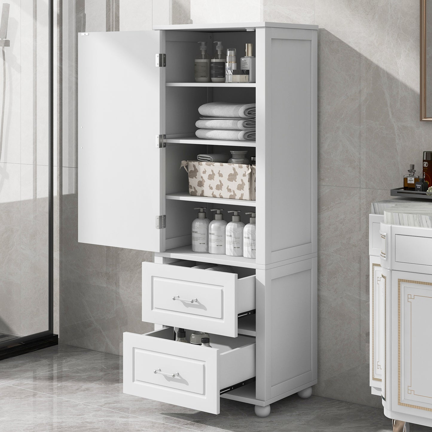 Tall Bathroom Storage Cabinet, Freestanding Storage Cabinet With Two Drawers And Adjustable Shelf, MDF Board With Painted Finish, White