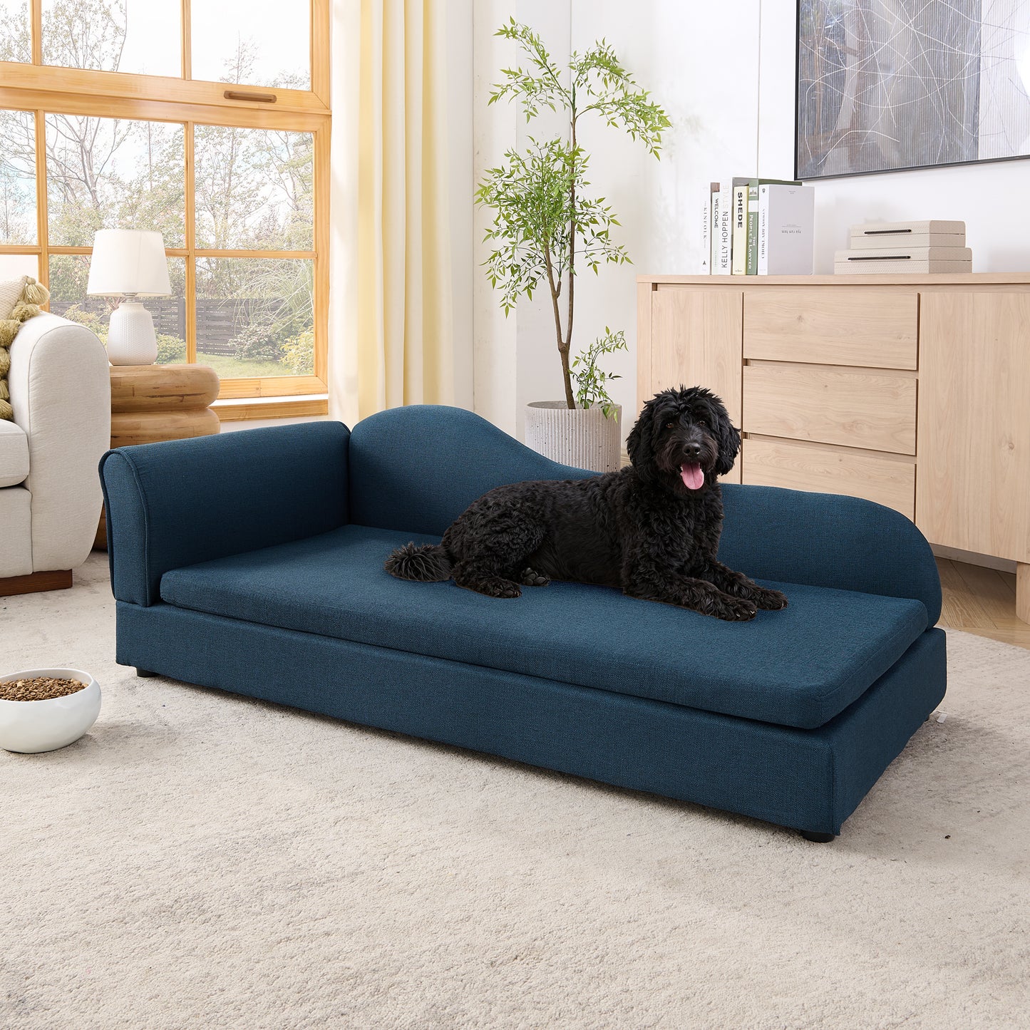 Oversized Pet Sofa For Medium Large Dogs - Modern Irregular Wave Backrest, Single Armrest, Premium Breathable Linen Fabric, Soft Cushion & Low Plastic Feet-Dark Blue