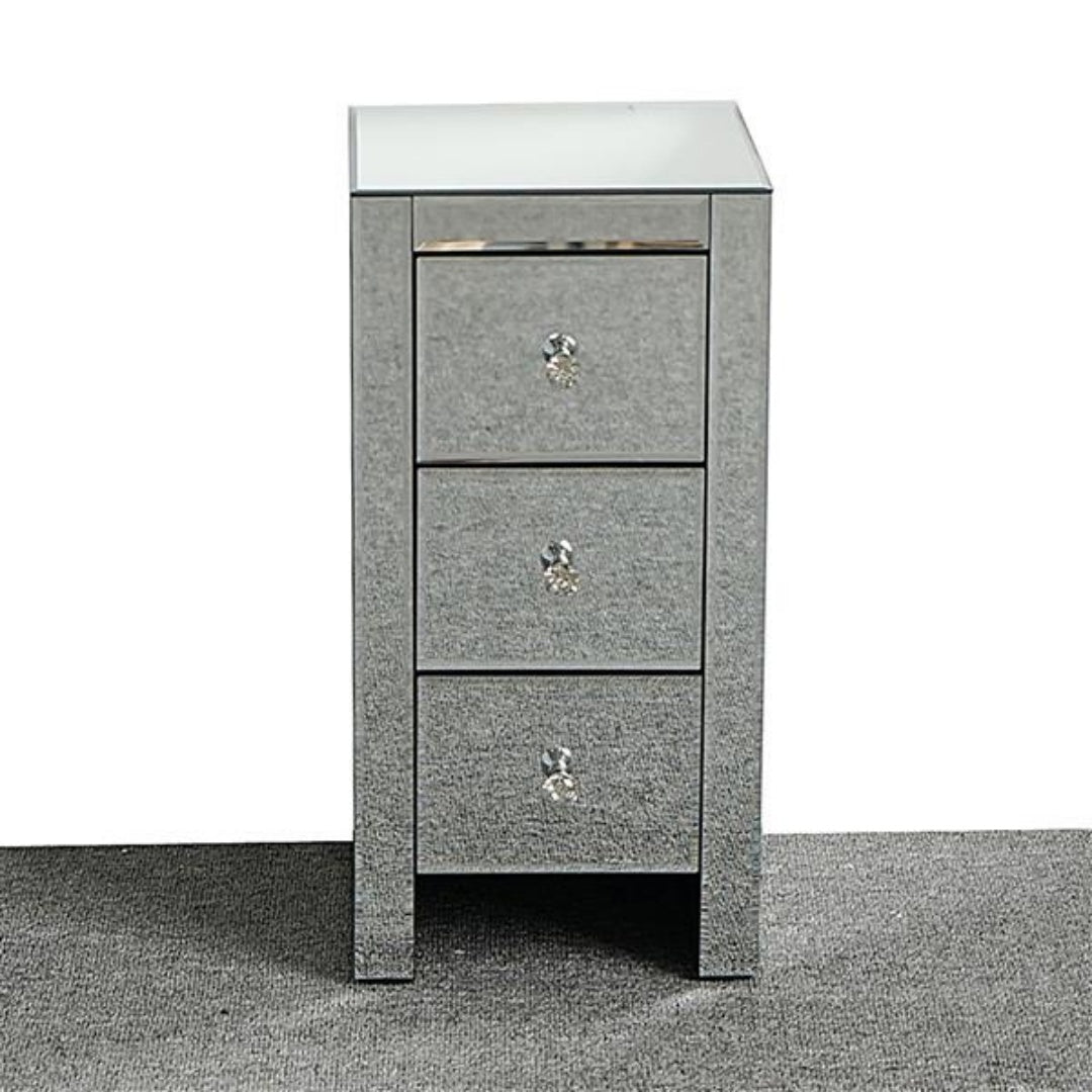 Mirror Bedside Table - Three Drawers, Silver Color