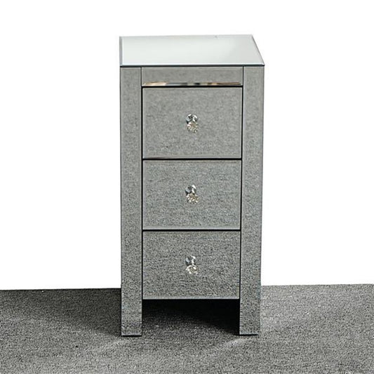 Mirror Bedside Table - Three Drawers, Silver Color