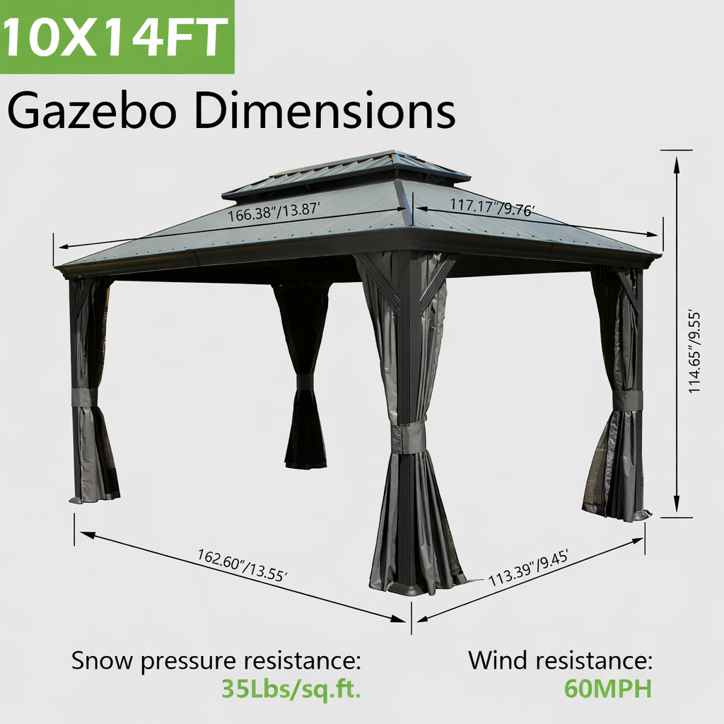 10 X14  Hardtop Gazebo With Resin Roof, Outdoor Metal Gazebo With Drainage Gutters, Permanent Heavy Duty Pavilion For Patio, Backyard And Deck, Curtains And Mosquito Netting Included