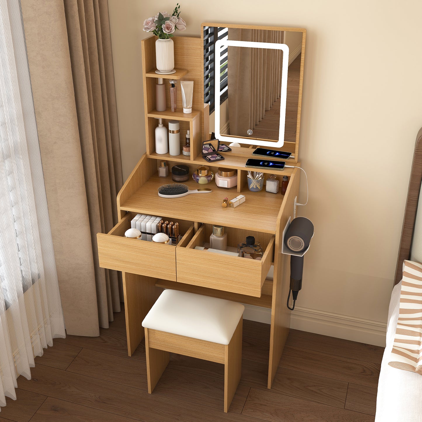 Vanity Table With LED-Illuminated Mirror, Power Outlet, Hairdryer Holder & Stool -Compact Dressing Desk For Small Bedrooms Wood