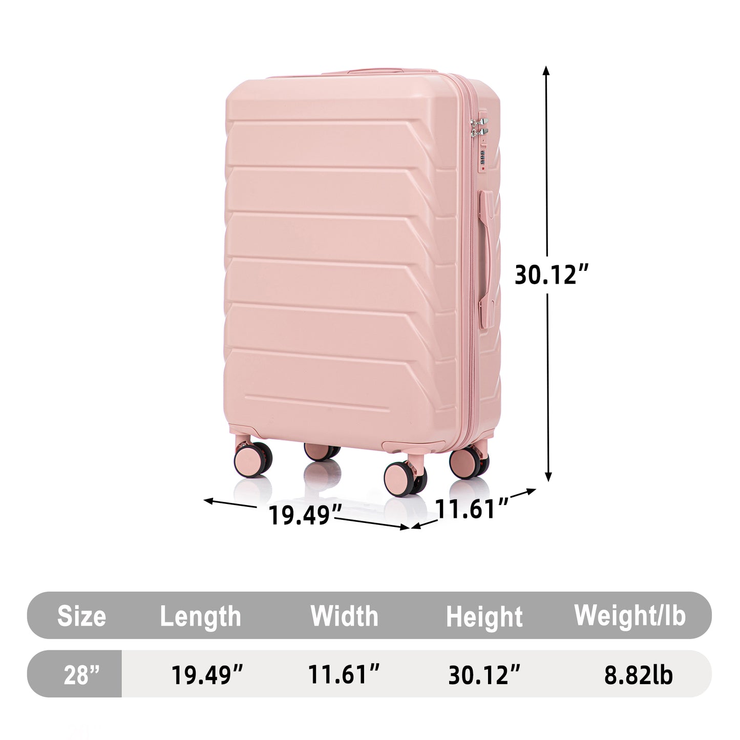 28 Inch ABS Hard Shell Large Travel Checked Luggage - Scratch Resistant Surface Four Multi-Directional Wheels,  With Combination Lock And Side Hooks Pink