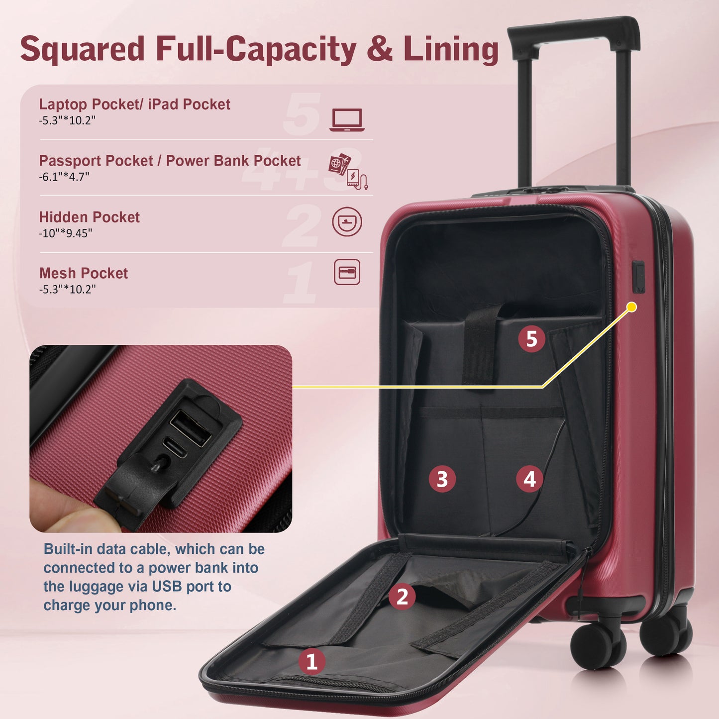 Luggage Sets 5 Piece With Front Opening, Hardside Expandable Carry On Suitcase Set With Double Spinner Wheel, Lightweight Travel Luggage With USB Port,TSA Locks 20-24-28