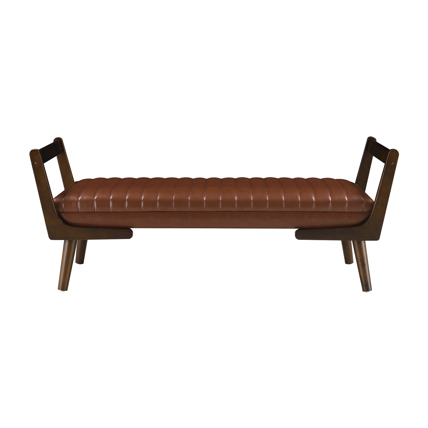 52  Mid Century Bench With Walnut Wood Leg,Channeled Upholstered Footrest Stool For Kitchen, Living Room, Bedroom, Entryway, End Of Bed. PU Cognac, Light Brown