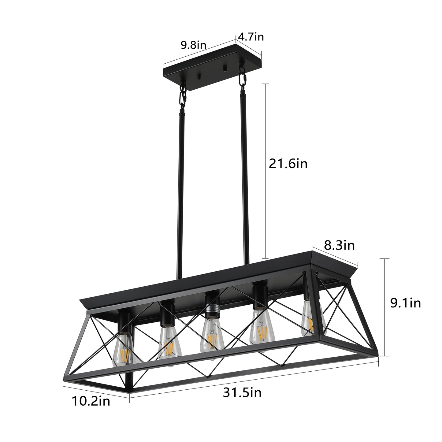 32-inch Black Industrial 5-Light Pendant Chandelier, Modern Metal Cage Design, Adjustable Hanging Light For Dining Room, Kitchen, Living Room  Bulb Not Included