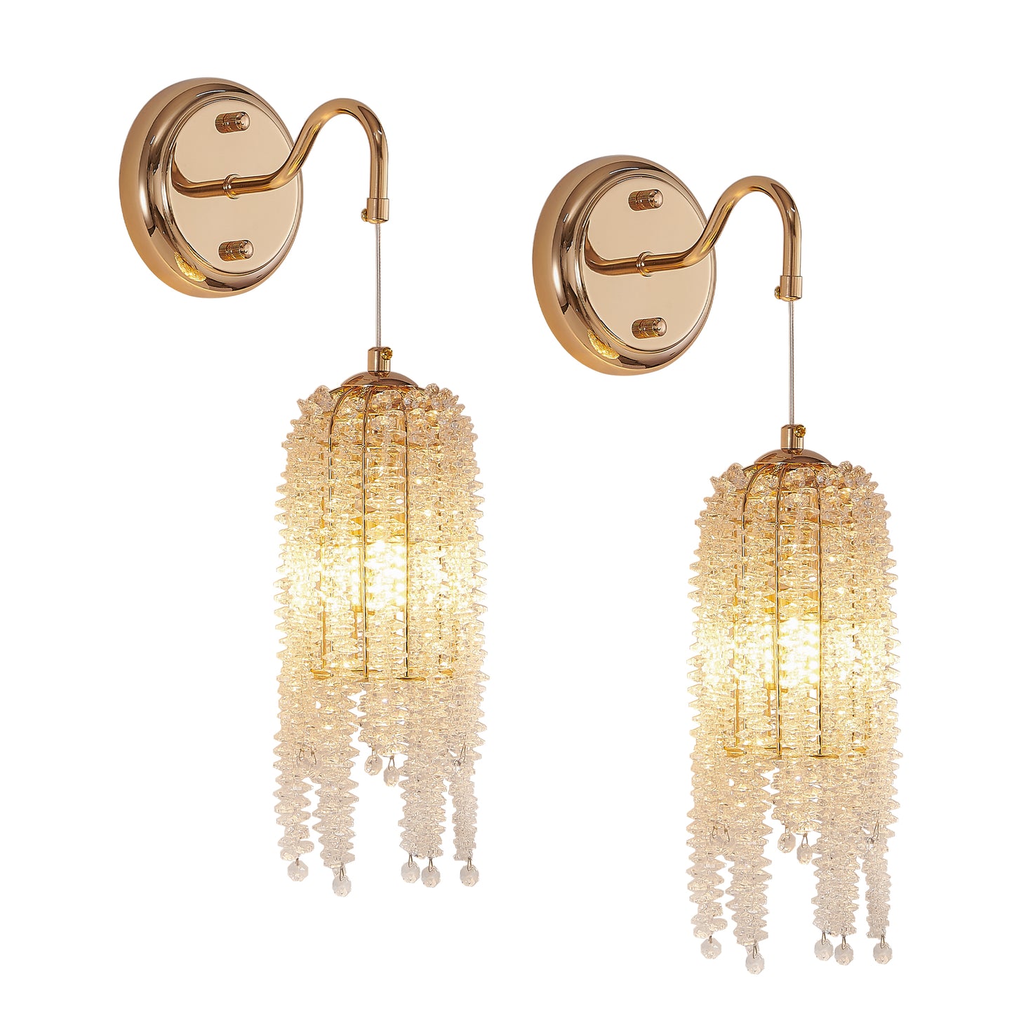 Set Of 2 Gold Frame And Cascading Crystal Bead String Wall Sconces, E12 Bulb Socket, Elegant Hanging Light Fixture For Living Room, Bedroom, Hallway  Bulb Not Included