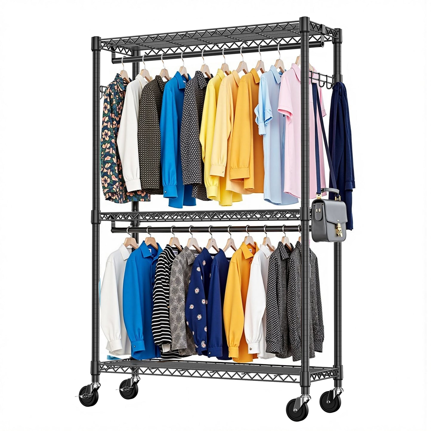 Heavy Duty Rolling Garment Rack 3 Tiers Adjustable Wire Shelving Clothes Rack With 2 Rods And Side Hooks,Storage Closet Clothing Rack With Wheels Black 15.7  D X 45.3  W X 79.6  H