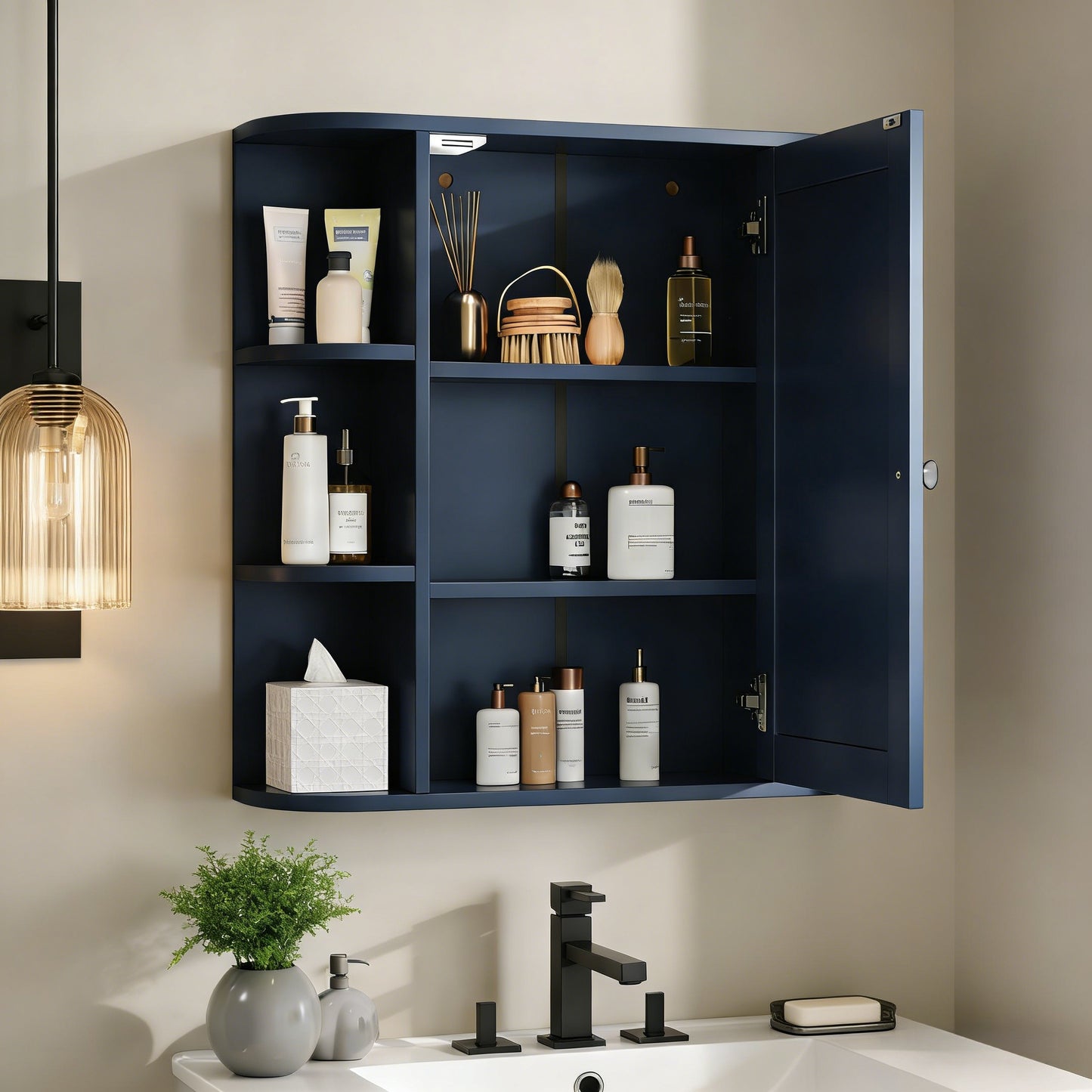 Bathroom Wall Storage Cabinet With Mirror, Medicine Cabinet With Adjustable Wood Shelf & Doors, Mounted Storage Cabinets With 6 Open Shelves, Blue