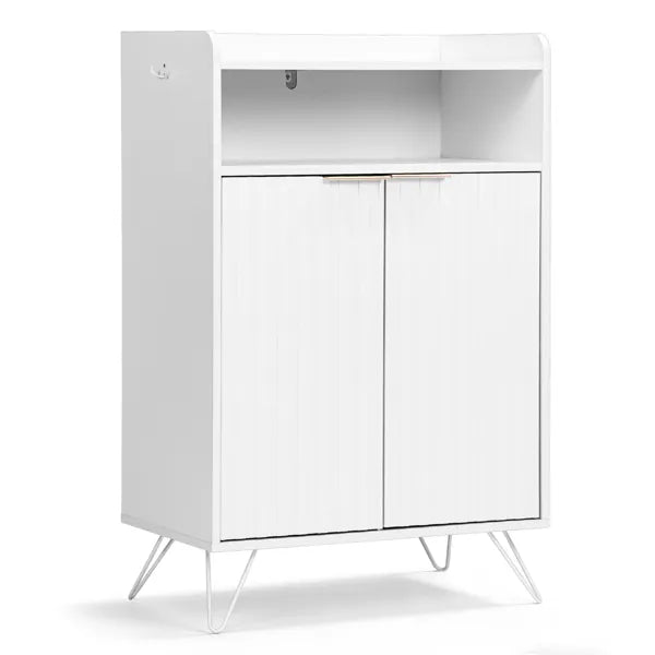 Shoe Cabinet With Grille Panel, Two Doors, Open Top, And Two Hooks On The Legs, Particleboard Cabinet Body, MDF Vacuum-formed Doors, 68x40x106mm, White