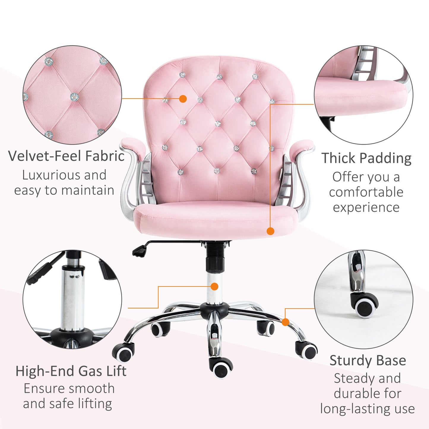Button Tufted Desk Chair, Home Office Chair With Padded Armrests, Adjustable Height And Swivel Wheels, Pink