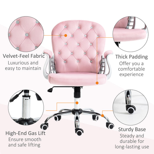 Button Tufted Desk Chair, Home Office Chair With Padded Armrests, Adjustable Height And Swivel Wheels, Pink