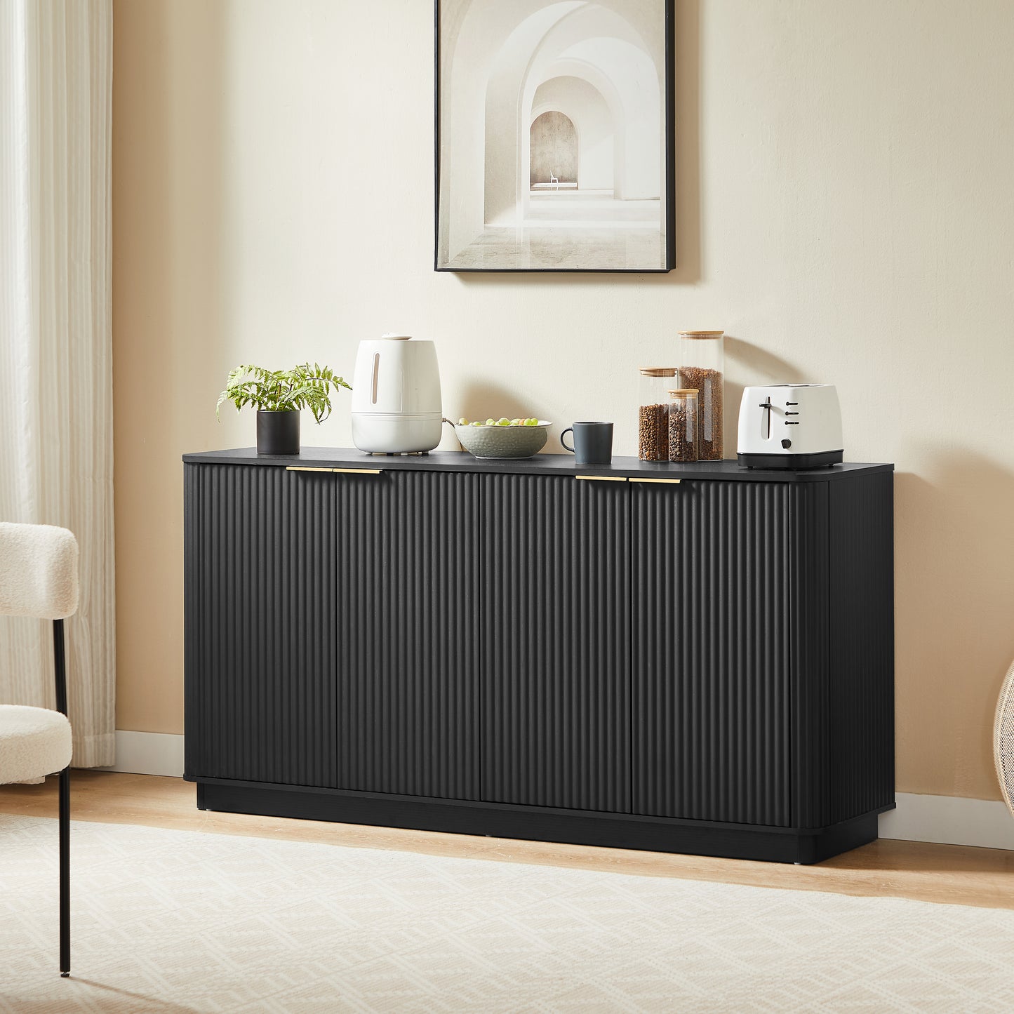 63  Vertical Stripe Buffet Cabinet Sideboard With Stoarge, Curved Wave Design, TV Stand, For Bedroom, Living Room, Hallway, Black,63 W X 15.75 D X 31.5 H.