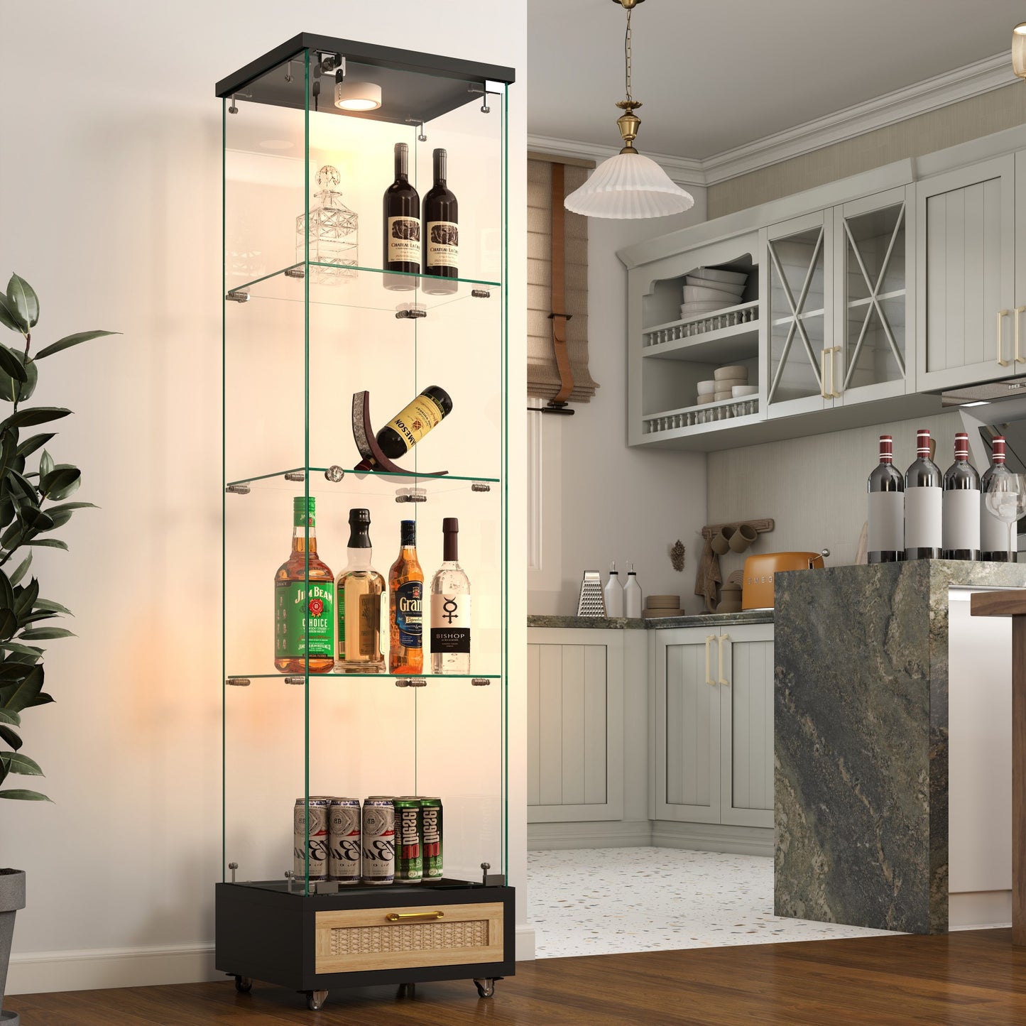 Modern Glass Display Cabinet With Drawer , Quick-assembly Antique Cabinet With LED Lights, Tempered Glass Bookshelf,  1-Door Storage Case With 4 Shelves  For Living Room And Bedroom, Black And Natural