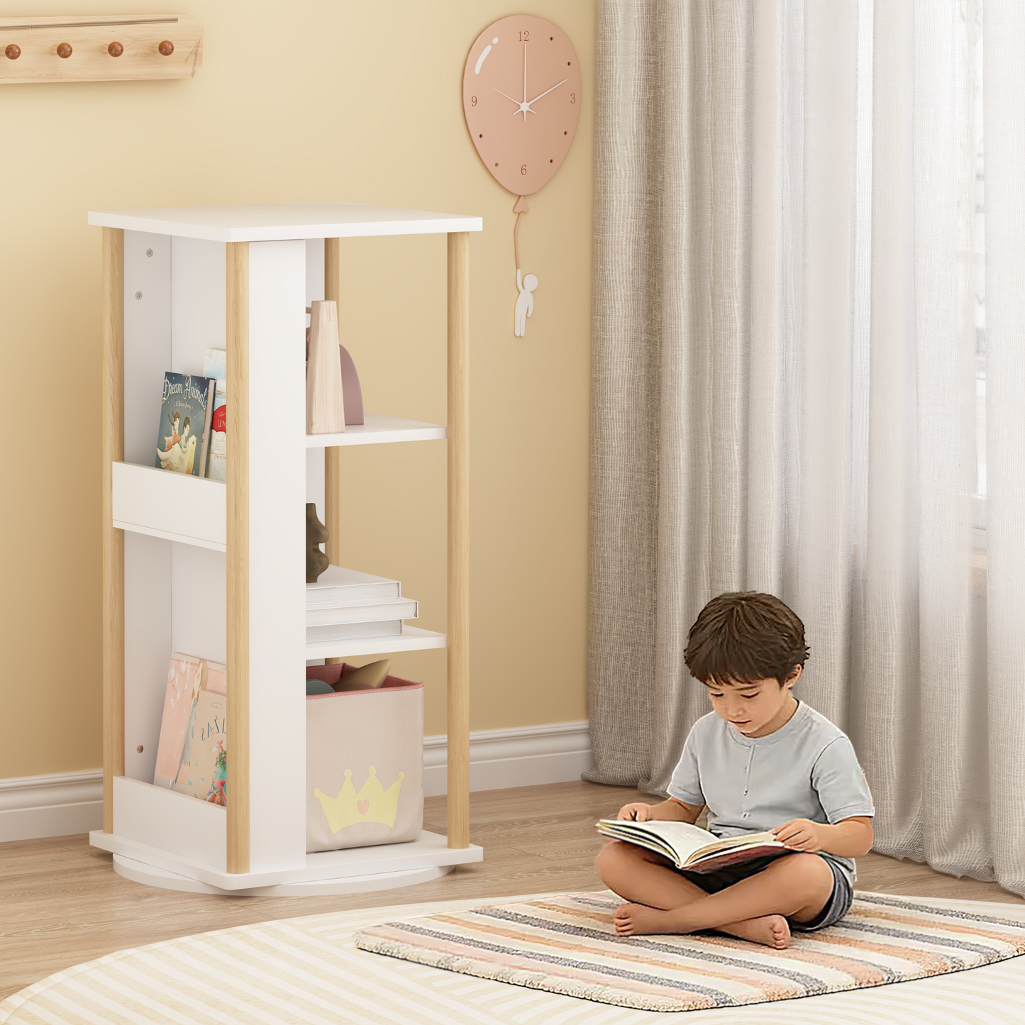 360 Rotating Kids Bookshelf With Chalkboard, 3-Tier Wood Floor Revolving Bookcase & Toy Storage Organizer, Picture Book Display Stand For Toddlers, Nursery & Playroom, White And Natural