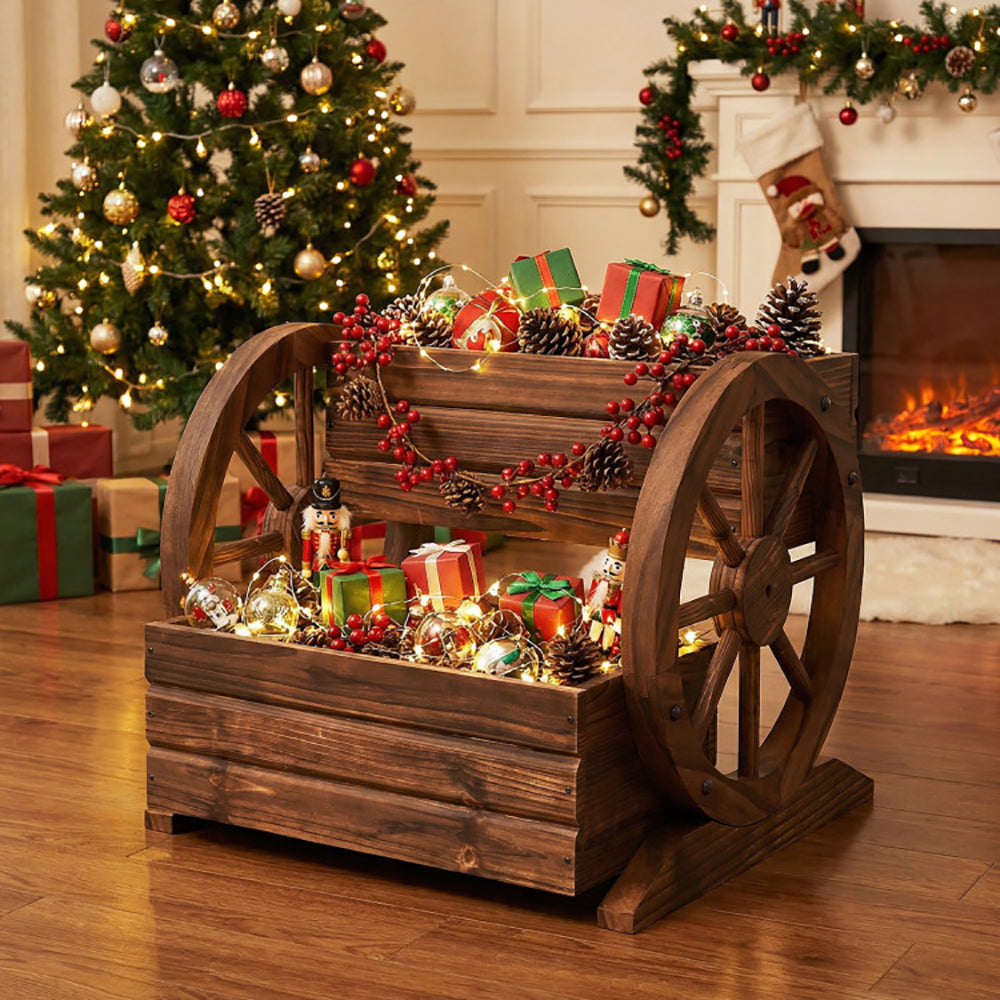 2-Tier Raised Garden Bed Rustic Wood Wagon Shape With Drainage Holes And Wheels For Growing Flowers Or Displaying Potted Plants