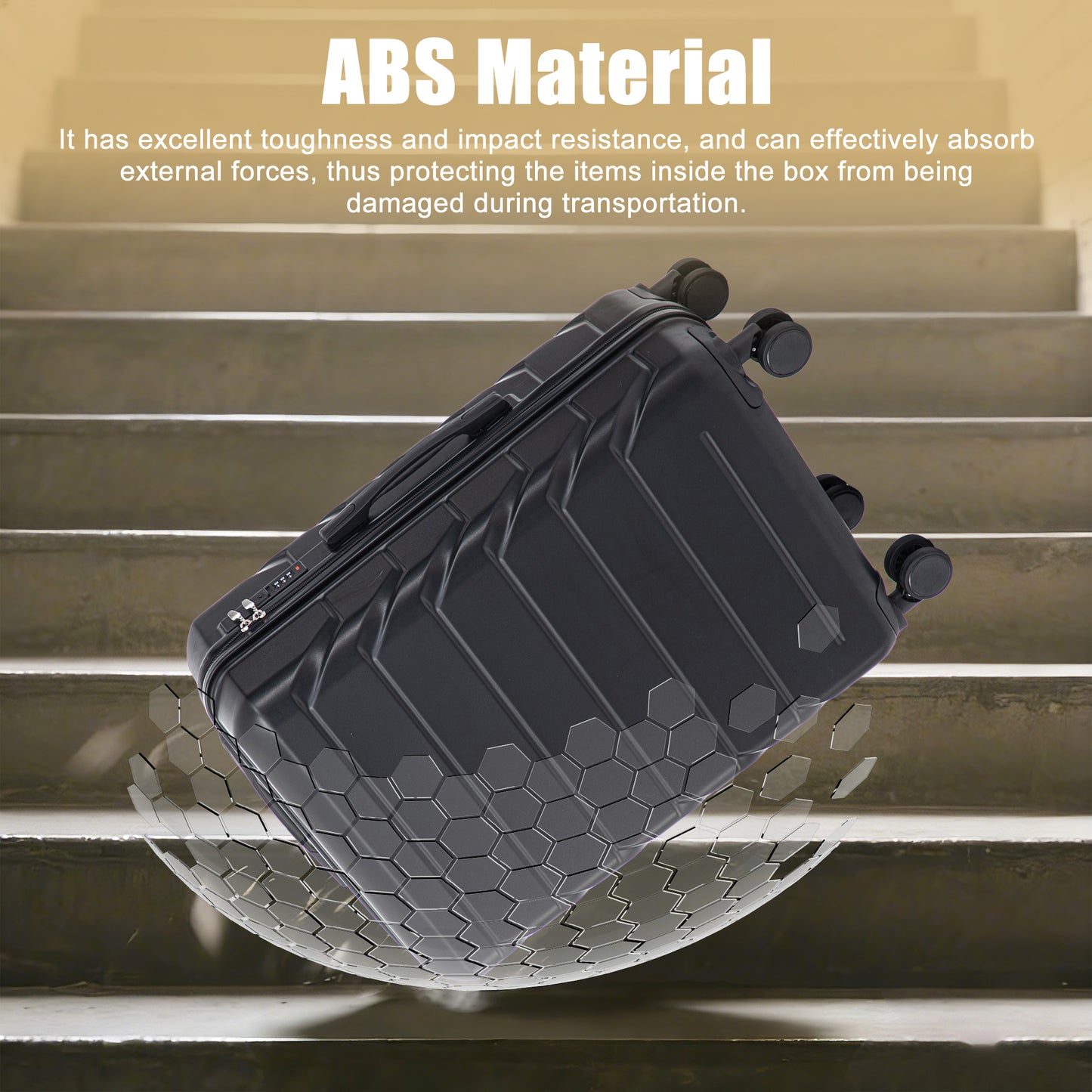 28 Inch ABS Hard Shell Large Travel Checked Luggage - Scratch Resistant Surface Four Multi-Directional Wheels,  With Combination Lock And Side Hooks Black