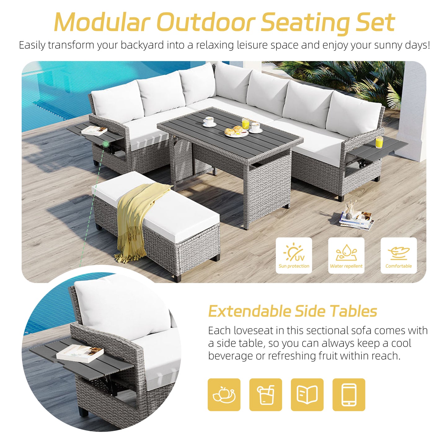 TOMAX 5-Piece Outdoor Patio Rattan Sofa Set, Sectional PE Wicker L-Shaped Garden Furniture Set With 2 Extendable Side Tables, Dining Table And Washable Covers For Backyard, Poolside, Indoor, White
