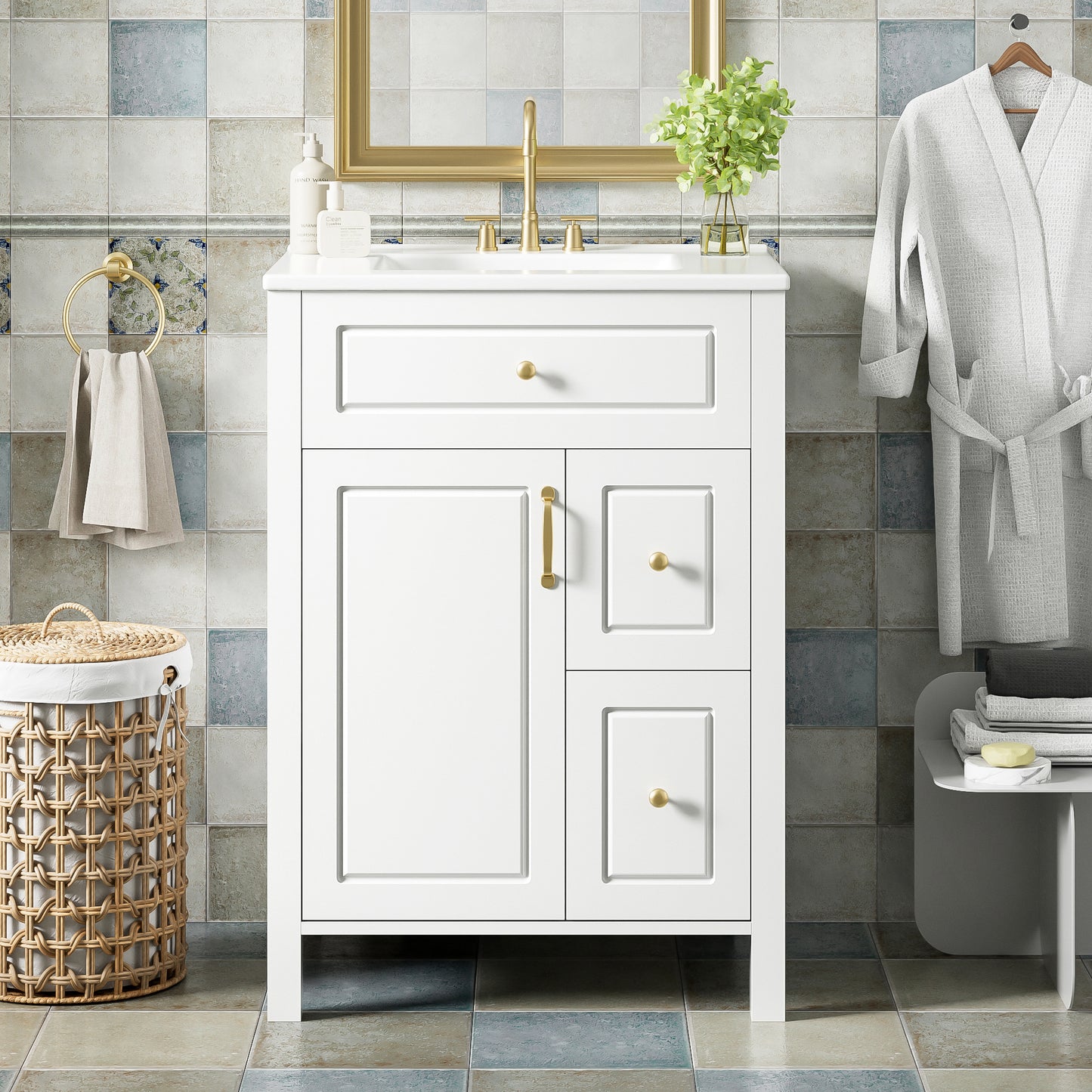 24-Inch Bathroom Vanity With Ceramic Sink, 1 Soft Close Door, 2 Soft Close Drawers, And Double Storage Racks On The Door