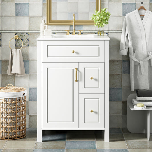 24-Inch Bathroom Vanity With Ceramic Sink, 1 Soft Close Door, 2 Soft Close Drawers, And Double Storage Racks On The Door
