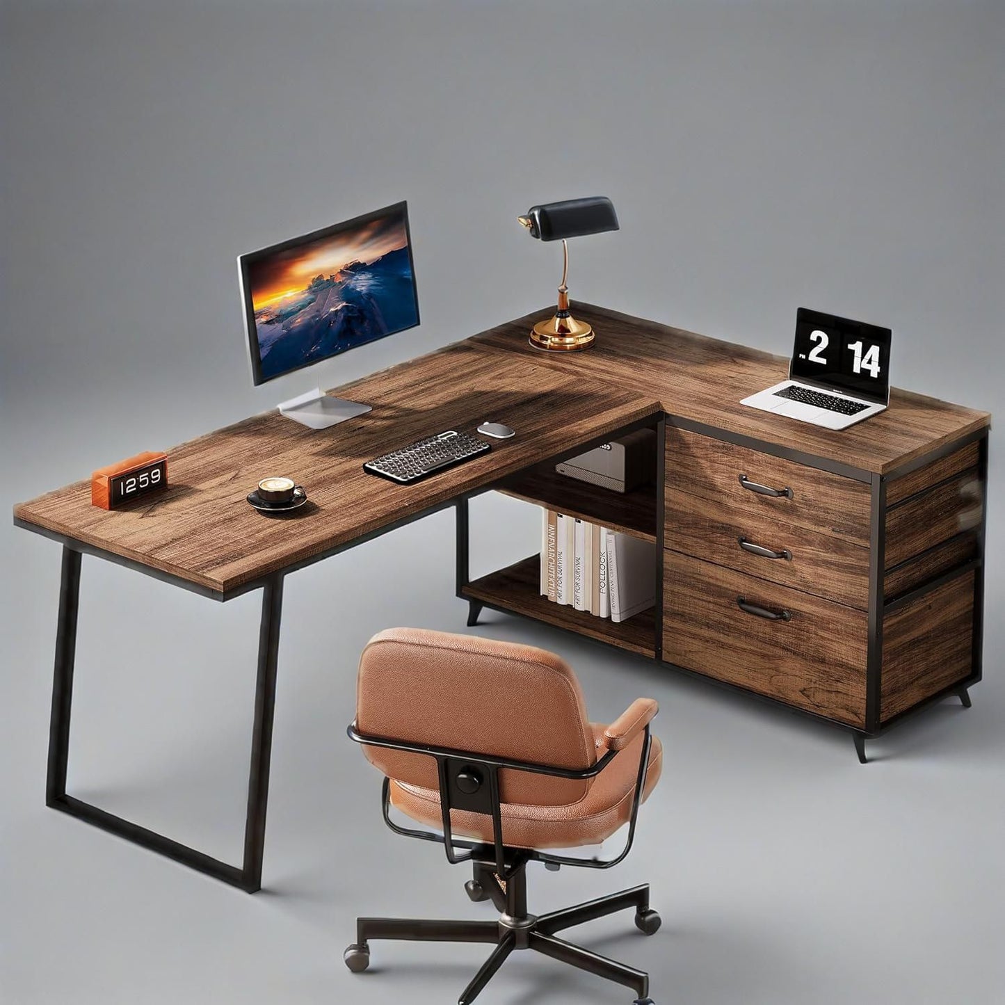 53" L Shaped Office Desk, Reversible Corner Computer Desk With 3 File Drawers And 2 Storage Shelves