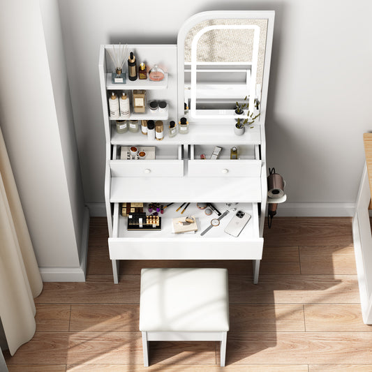 Fashion Vanity Desk With Mirror And Lights For Makeup With Hair Dryer Holder And Chair, Vanity Mirror With Lights And Table Set With 3 Color Lighting Brightness Adjustable, 3 Drawers, White Color
