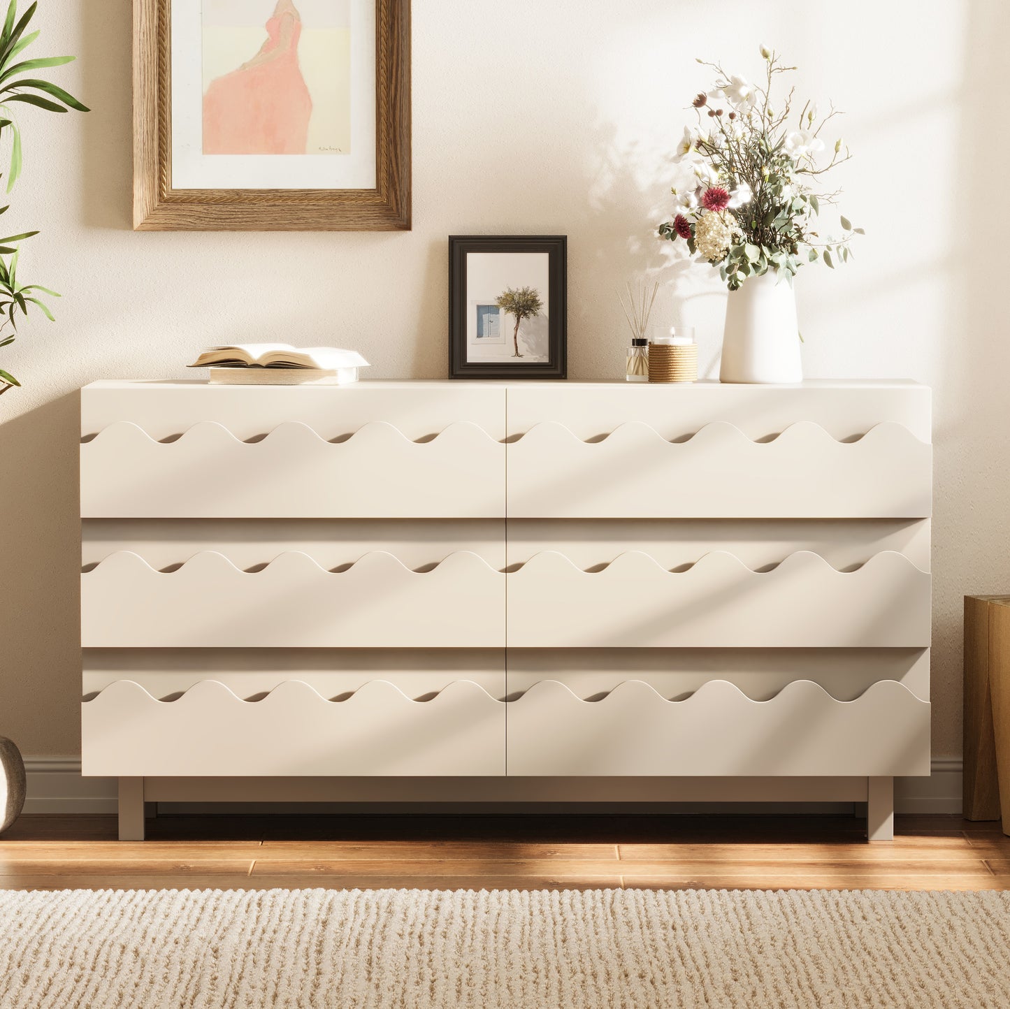 60  Length 6 Drawer Dresser With Wave Front Design, Modern TV Stand & Chest Of Drawers, Anti-Tip Clothes Storage Organizer For Bedroom, Living Room And Nursery, Ivory