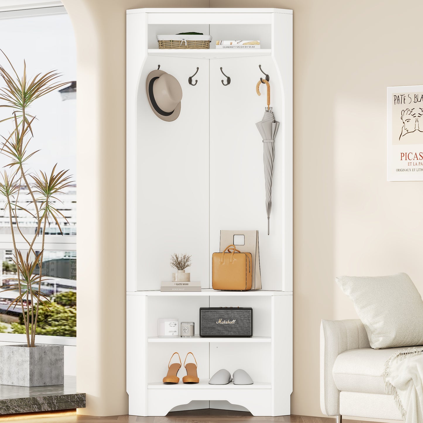 Minimalist Corner Hall Tree With Shoe Bench, Versatile Entryway Coat Rack With 4 Hooks, Corner Cabinet With Adjustable Shelf For Hallway, Living Room, White, 29.5'Wx71.6H
