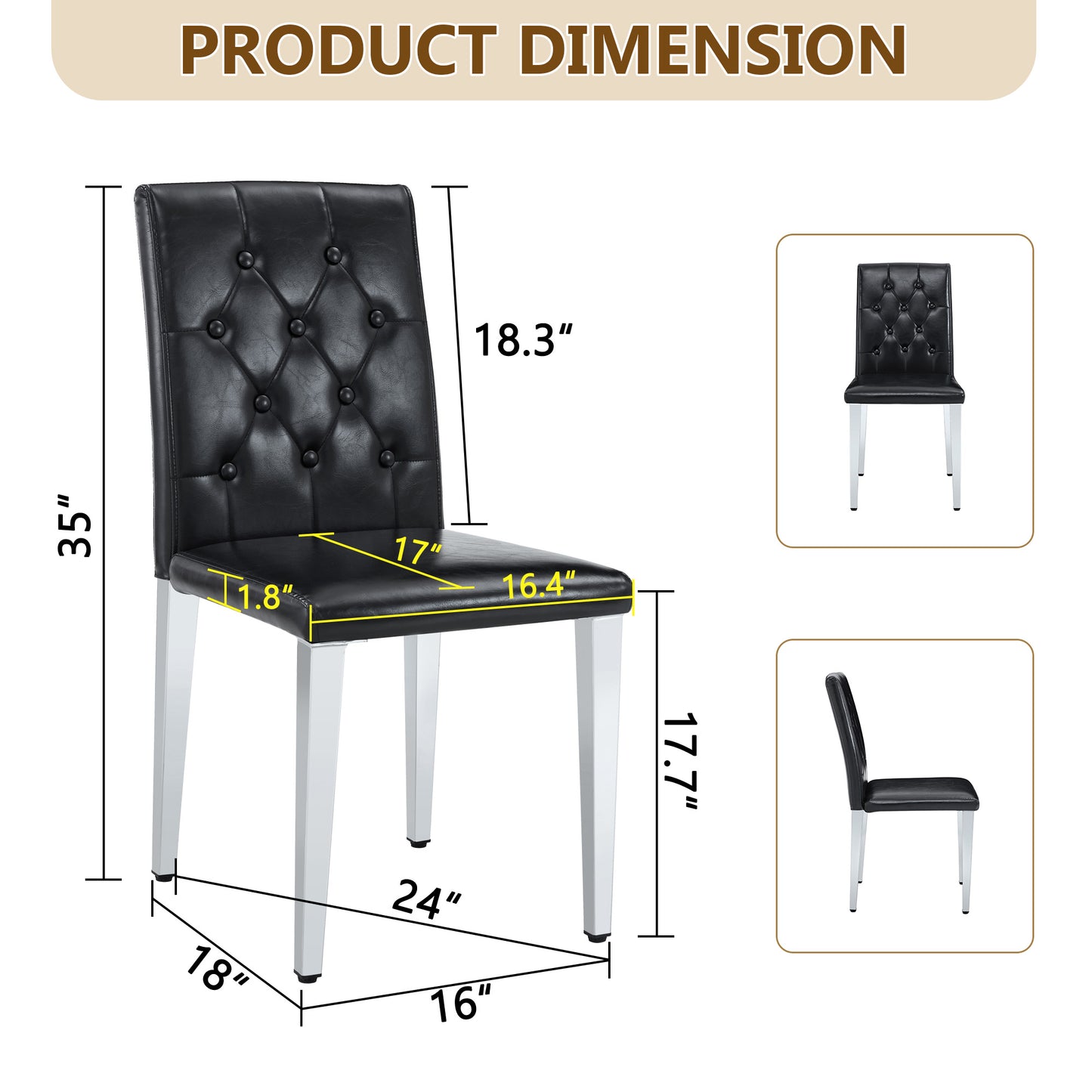 2-pack Black PU Dining Chairs  Ergonomic Buckle Backrest, 35 Inches High, Silver Metal Legs,Combines Comfort And Texture.Perfectly Suitable For Family Dining Rooms, Hotel Banquet Halls,etc.