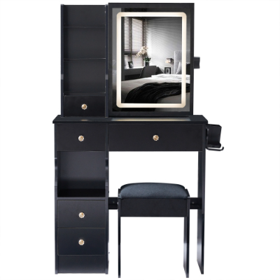 29.2 Small Size Left Drawer Desktop Vanity Table  Cushioned Stool, 2 AC2 USB Power Station, Hair Dryer Bracket, Extra Large Touch Control Sliding LED Mirror, Tri-color Switching, Brightness Adjust