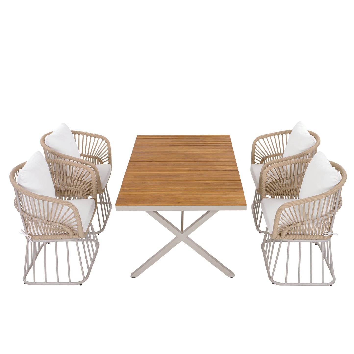 Outdoor 5-Piece Dining Set - Rectangular Teak Wood Table   4 Wicker Chairs With Cushions, Beige Steel Frame, Teak Finish,Perfect For Patio, Deck, Or Garden