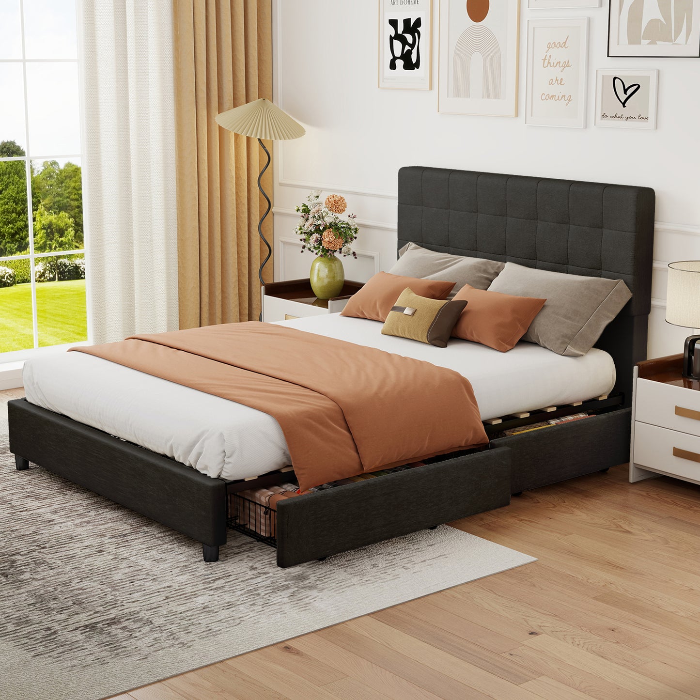 Full Bed Frame Upholstered Vertical Channel Headboard Bed Frame With 4 Storage Drawers Wood Slats No Box Spring Needed Easy Assembly For Bedroom