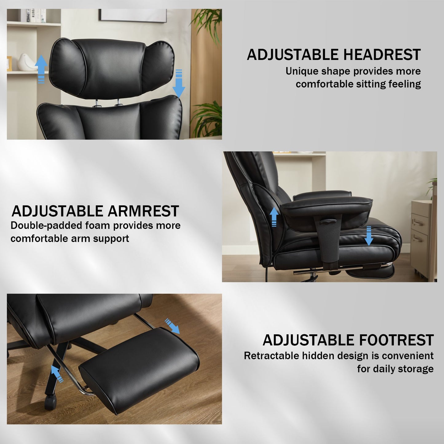 Office Chair With Foot Rest And Waist Lumber Support, Ergonomic Gaming Chair With Adjustable Height Headrest, High-Back Leather Reclining Chair For Home, Black