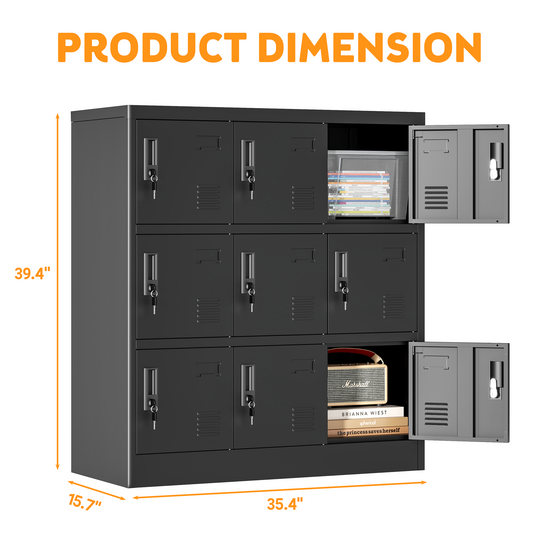 9-Door Employee Storage Locker, Metal Lockers For Office, Gym, School, And Homewith Card Slot  Black